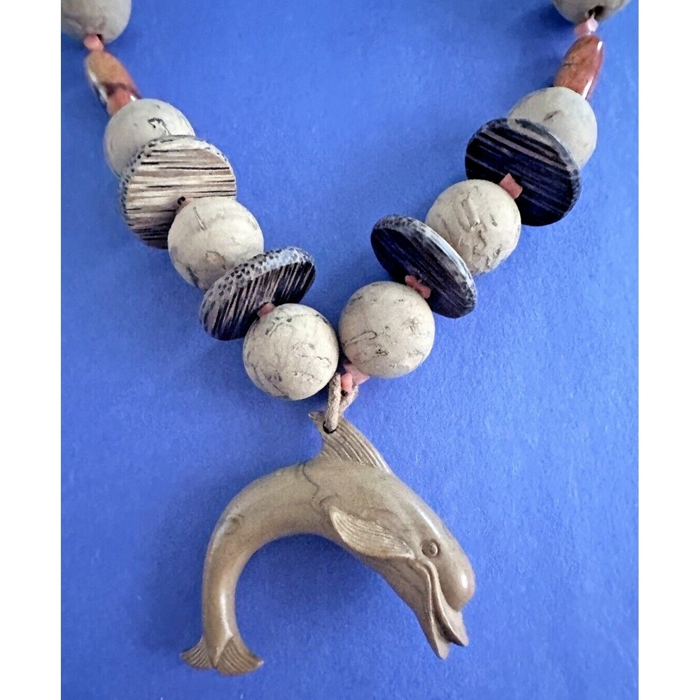 Carved Dolphin Necklace Chunky Beaded Statement Brown Pendant 16" Statement